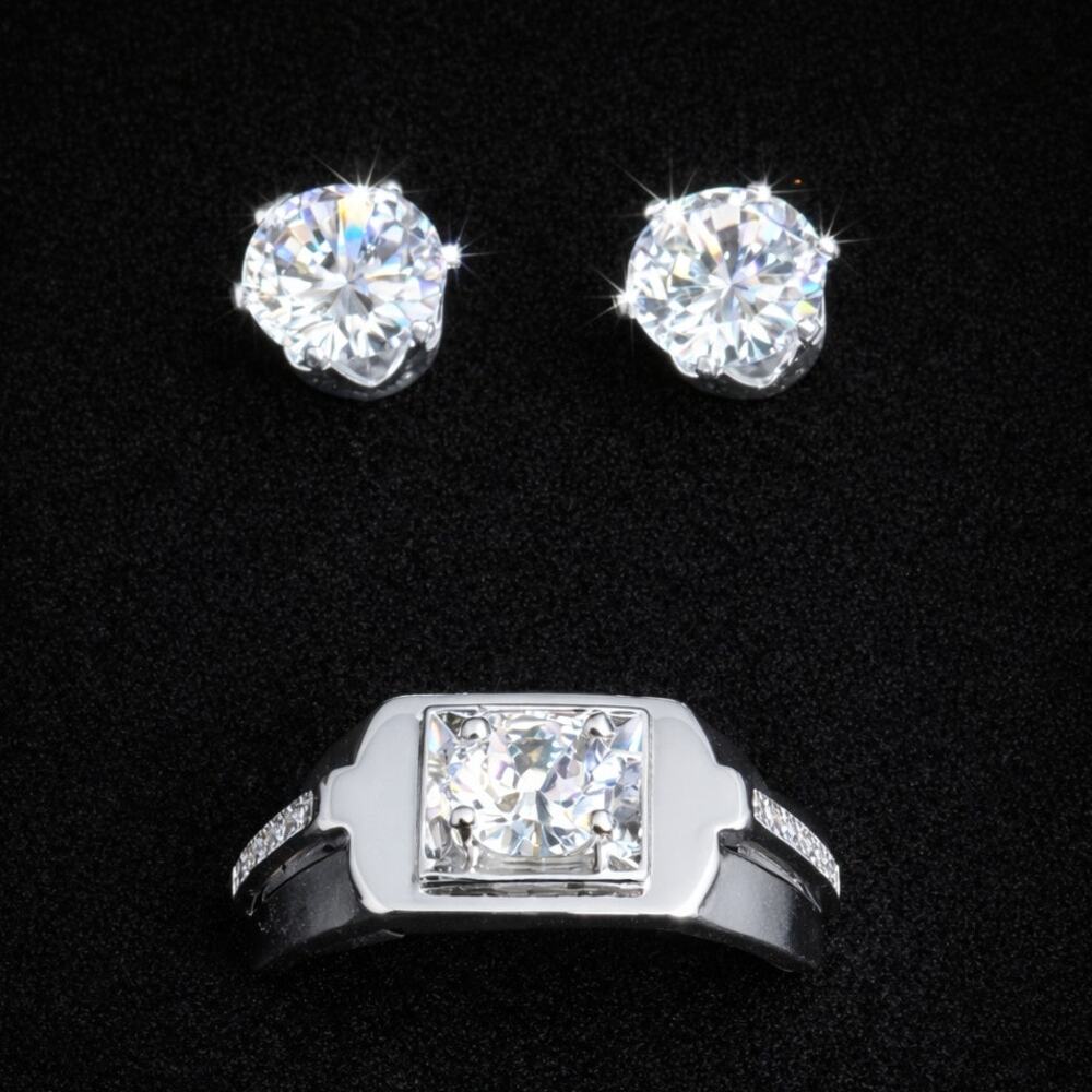 New Mens Silver Tone Ring & Stud Earrings Set Lab-Created Stones Adjustable 9–12